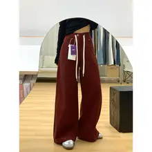 広めのハイウエストワイドレッグデニムパンツ【夏用・フィット・レッド】（セットアップ対応）