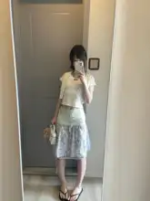 フランス風ヴィンテージスタイルのパープルフラワープリントスカート【女性用・夏用・中長丈・スウィートデザイン】（セットアップ対応）