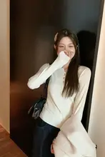 ニットトップス レディース クルーネック 透かし編み クロップド おしゃれ フィット感 着痩せ ふんわり 大人可愛い 秋