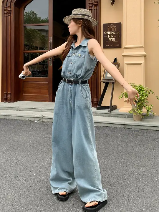 魅力的なノースリーブデニムオールインワン【ワイドレッグ・カジュアルスタイル・夏用】（セットアップ対応）