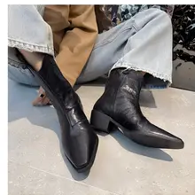 羊皮製の尖ったトゥのチェルシーブーツ【秋冬用・女性・粗いヒール・レトロデザイン・ショートブーツ】
