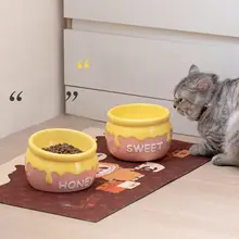 猫用陶器製高脚ペットボウル【可愛いハニーポットデザイン・水や餌用】