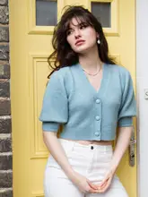 AZURIERA 中袖 毛糸カーディガン【水色・Vネック・羊毛混・女性用・オリジナルデザイン】