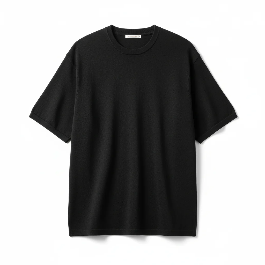 黒の半袖ニットTシャツ白背景画像