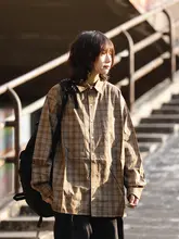 レトロチェック柄ロングスリーブシャツ【春秋用・メンズ・ルーズフィット・カジュアル】（セットアップ対応）