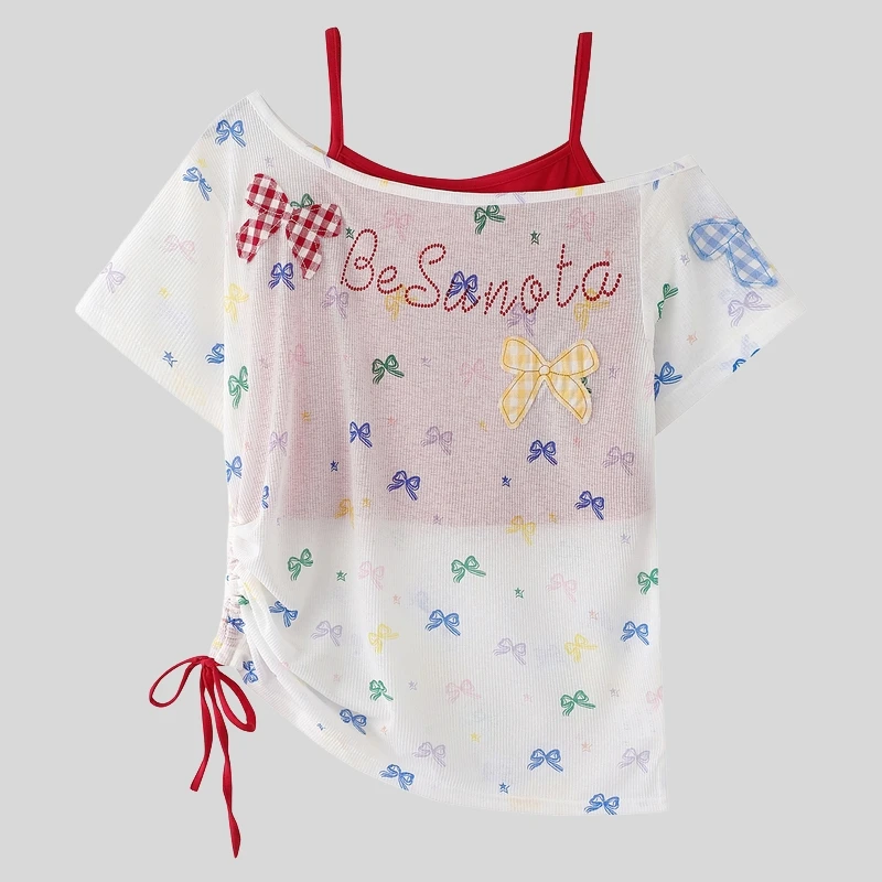 リボン付きチェック柄スラッシュショルダー半袖Tシャツ【夏用・キャミソール付・UVカット】（セットアップ対応）