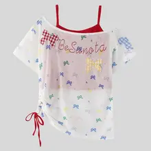 リボン付きチェック柄スラッシュショルダー半袖Tシャツ【夏用・キャミソール付・UVカット】（セットアップ対応）
