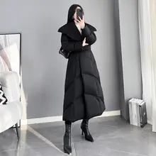 大きめ襟の白鹅绒ダウンコート【ロング丈・ウエストマーク・上品デザイン】