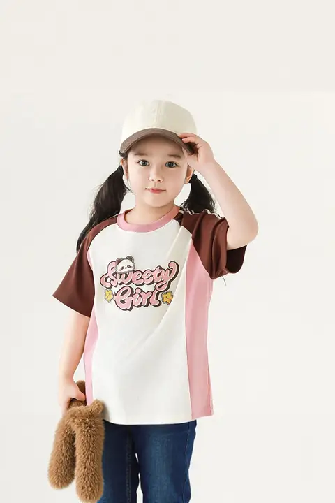 Tシャツ キッズ ガールズ 半袖 ミディアム丈 アルファベット柄 バイカラー パッチワーク 伸縮性 通気性 キュート 夏 おしゃれ