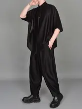 夏季暗黒系テクスチャー五分袖シャツパンツ【カジュアル・メンズ・ルーズフィット・大きいサイズ】（セットアップ対応）