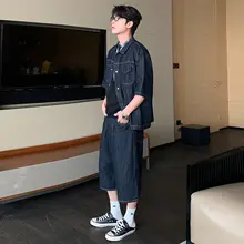コットンデニム短袖シャツとショートパンツ【夏用・カジュアルファッション】（セットアップ対応）