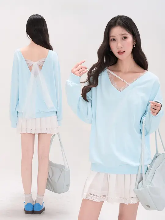 バックリボン付きVネックスウェットシャツ【秋用・スタイル・女性用】