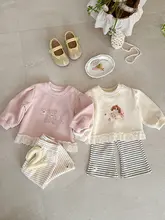 春季用 ベビー用 レース付きスウェットシャツ【カートゥーンデザイン・ストライプパンツ・韓国風】（セットアップ対応）