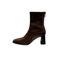 レディース 冬用太ヒールショートブーツ【スクエアトゥ・カラーブラウン・ストレッチスエード】