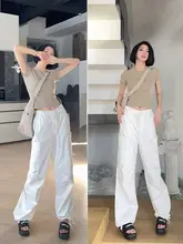 高身長向け綿100%ホワイトカジュアルパンツ【春夏用・水洗い・ドローストリング】