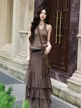 優雅なレトロフリルデザインのロングスカート【ハイウエスト・Aライン・秋用】