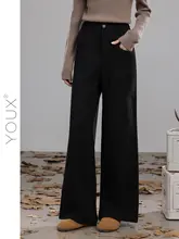 高腰パンツ【ブラック・太めストレート・冬用・厚手・レディース】