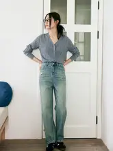 ヴィンテージ風ストレートデニムパンツ【ブルーグリーン・スリムフィット】