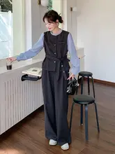 春秋用 グレーのシャツ風デザインブラウス【小柄向け・フィット・ワイドパンツ付き】（セットアップ対応）