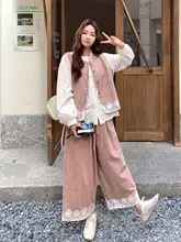 セットアップ 3点セット レディース ベスト ブラウス ワイドパンツ ピンク レースパッチワーク きれいめ おしゃれ 秋