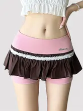 ピンクのカラーコンビネーション使用の低腰スカ ートパンツ【セクシーでキュートなデザイン・ショート丈】（セットアップ対応）