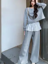 グレーの美しいレース刺繍デコレーションスウェットシャツ【秋用・高級感・ワイドパンツ・（セットアップ対応）】