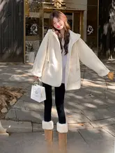 米白色フード付き 羊羔毛コート【女性用・冬用・ゆったりデザイン・厚手】