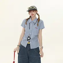 美式復古チェック刺繍入り半袖シャツ【ゆったりシルエット・カジュアル】