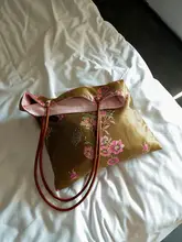 国風デザインの茶緑とピンクの花柄ショルダーバッグ【オリジナル・織り生地】