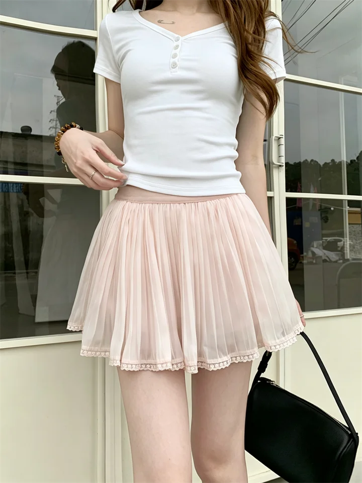 バレエ風 アプリコット色 レースフリンジ付き シフォンスカート【ハイウエスト・プリーツデザイン・夏用】
