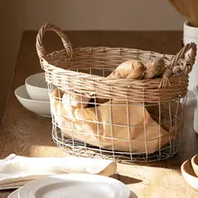 収納バスケット 家庭用 デスク 零食 パン アイアン 柳編み 組紐 日本式