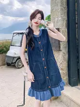 フレンチスタイルのチェック柄ノースリーブデニムワンピース【夏用・女性・小柄対応】（セットアップ対応）