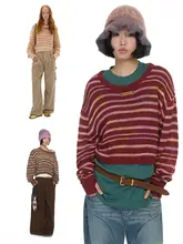 ビビッドカラーのストライプセーター【大きめシルエット・ラウンドネック・秋冬用】