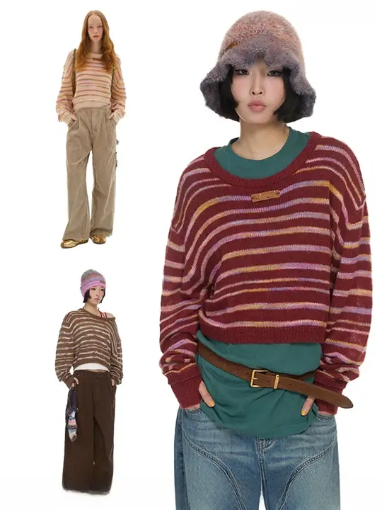 ビビッドカラーのストライプセーター【大きめシルエット・ラウンドネック・秋冬用】