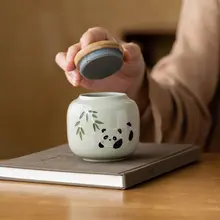手描きパンダデザインの陶器製茶葉保存容器【密閉・中華風・防湿】