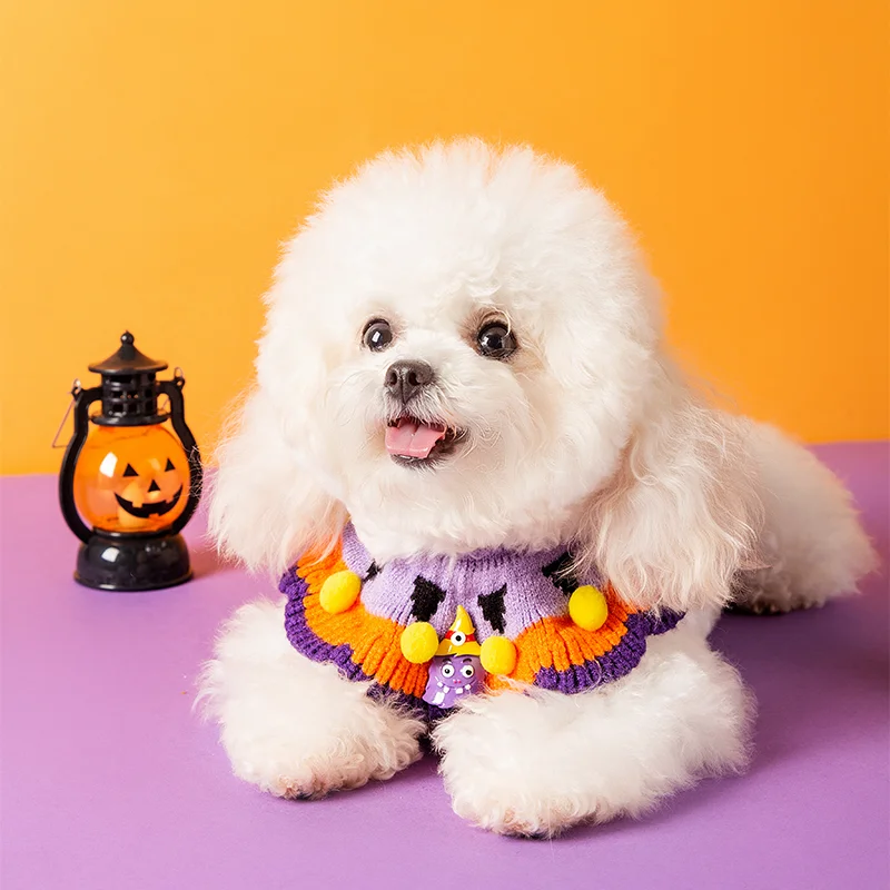 ペット用ハロウィン手編み首輪：ニットデザインで小型犬・猫に最適な仮装アクセサリー