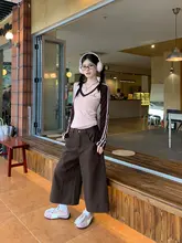 カジュアルなハイウエストワイドレッグパンツ【ブラウン・七分丈・フィット】（セットアップ対応）