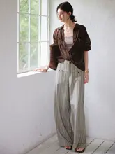 ストライプデザインのハイウエストワイドパンツ【した通勤スタイル】（セットアップ対応）