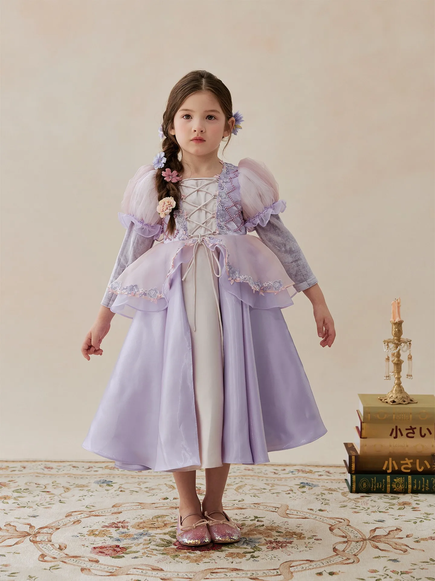 4歳女の子向けプリンセスドレス ラプンツェルデザインのベロアスリーブドレス