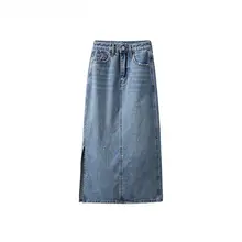 サイドスリットデニムハイウエストAラインスカート【ブルー・ヴィンテージ風】（セットアップ対応）