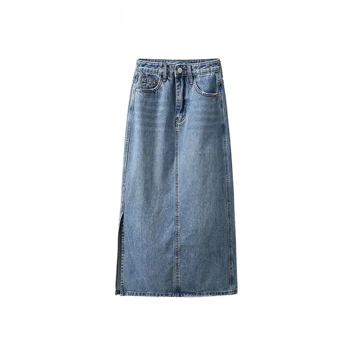 サイドスリットデニムハイウエストAラインスカート【ブルー・ヴィンテージ風】（セットアップ対応）