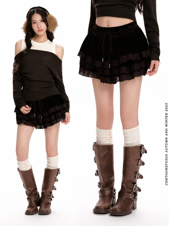 コーヒー色ベロアレース付きフレアスカート【ハイウエスト・Aライン・秋冬用】