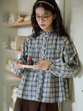 レトロフリル立襟シャツ【チェック柄・肌理感・女性用】