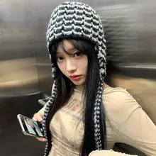 ストライプ耳あてニット帽【秋冬用・女性用・暖かい・スキーにも最適】