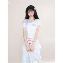 斜めショルダーのTシャツ【レタープリント・ストライプ・短袖・夏用・スタイリッシュ】
