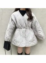 Vネックボタン付きウエスト絞りコットンコート【大きなポケット・ゆったりサイズ】（セットアップ対応）