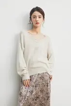 Annata アンバー色 Vネックレースボーダーセーター【女性用・春秋・ルーズフィット】