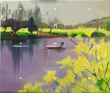 手描きの油彩画 ジョンナンの菜の花風景【リビング・玄関・書斎用の壁掛け装飾】