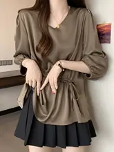 不規則デザインの七分袖Tシャツ【女性用・大きいサイズ・お腹カバー】