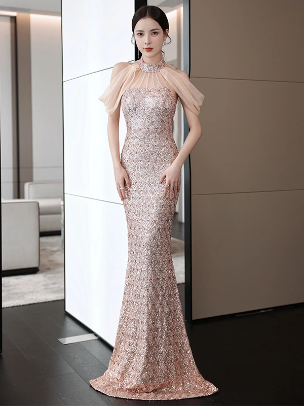 華やかな金色のロングドレス：ホテルパーティーフォーマル女性に最適な舞台用  スパンコールドレス